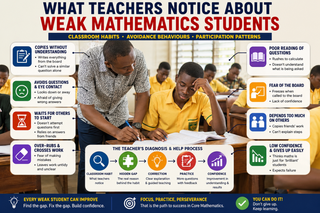 A Ghanaian SHS teacher observing weak mathematics students’ classroom habits, avoidance behaviors, and participation patterns during a Core Maths lesson.
