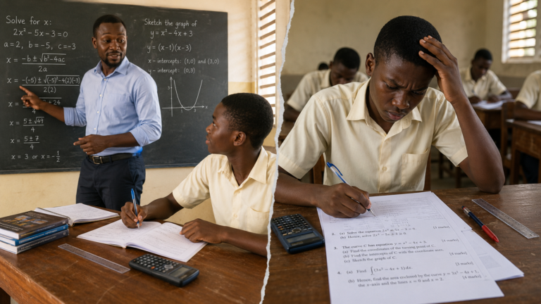 Ghanaian SHS learner understanding Core Maths clearly in class but struggling during a test, showing the hidden gap between guided learning and independent performance.