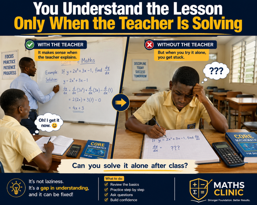 Core Maths symptoms showing an SHS student who understands the lesson only when the teacher is solving but struggles when working alone