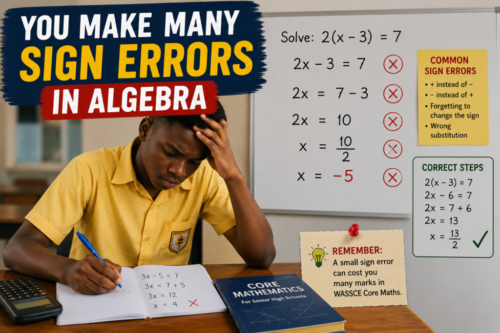 A Ghanaian SHS learner is checking sign errors in algebra to understand a Maths topic better and avoid losing marks in WASSCE Core Maths.