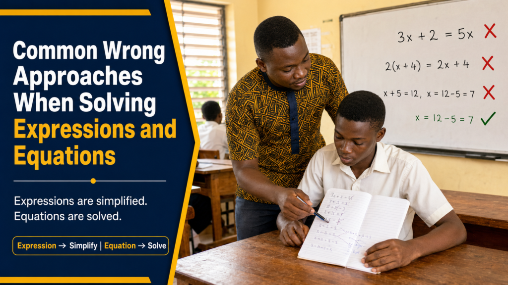 A Ghanaian teacher correcting common wrong approaches learners use with expressions and equations.