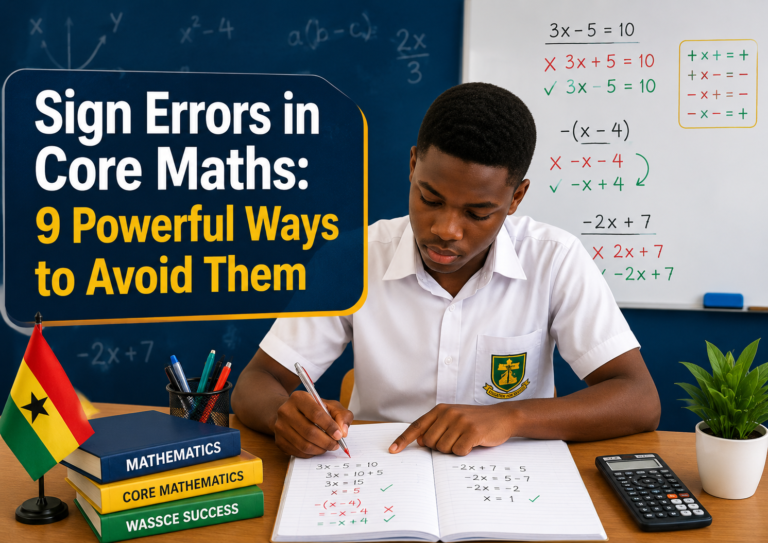 Sign errors in Core Maths shown as a Ghanaian SHS student correcting negative signs, brackets and algebra equations for WASSCE.