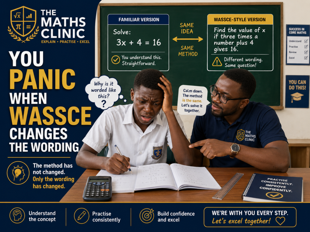 Maths confidence challenges are shown by a Ghanaian SHS learner panicking when WASSCE changes the wording of a familiar algebra question while a teacher explains that the method remains the same.