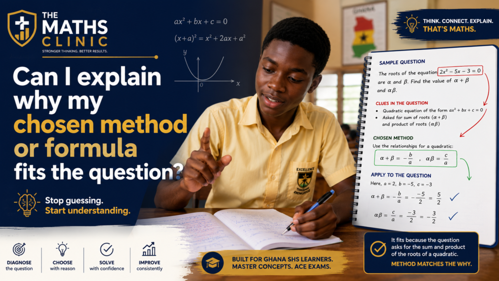 Ghanaian SHS student explains why the chosen quadratic formula fits a question about the sum and product of roots.