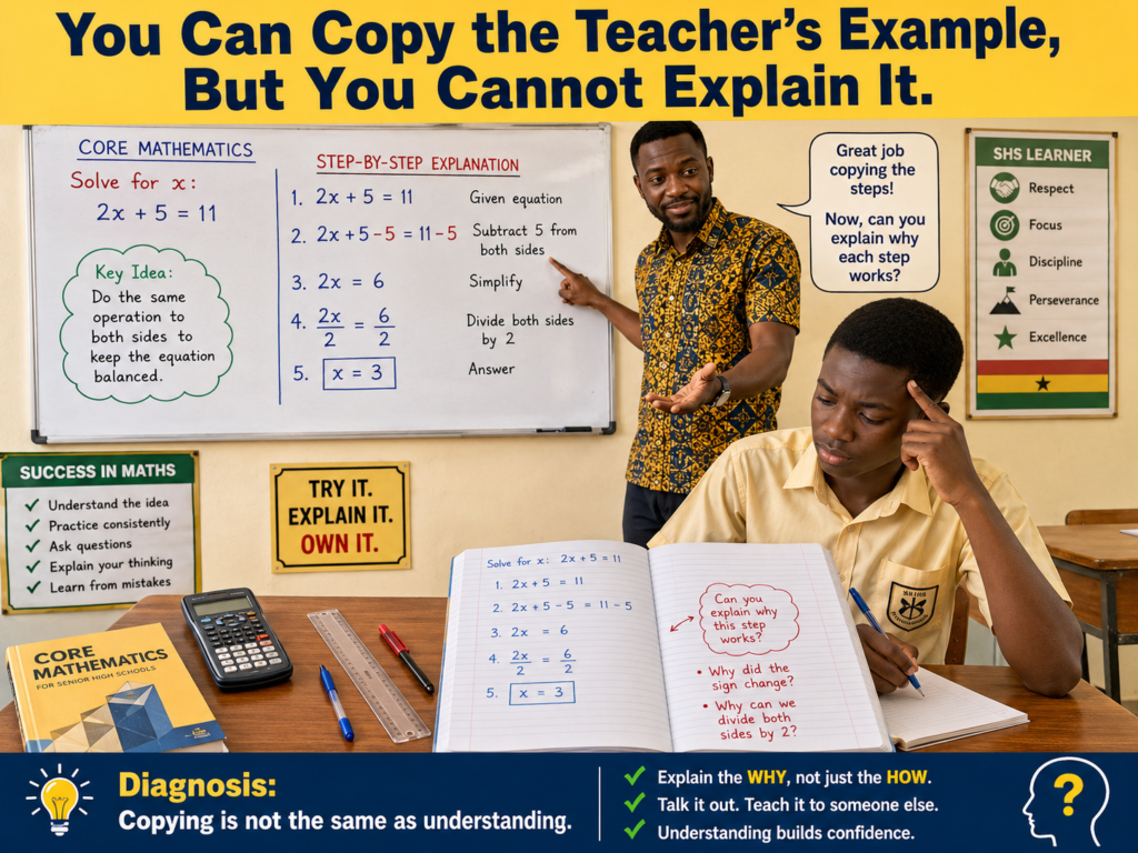 Ghanaian SHS student copying a teacher’s Core Maths example but unable to explain it, showing signs of guessing instead of understanding Mathematics before WASSCE.