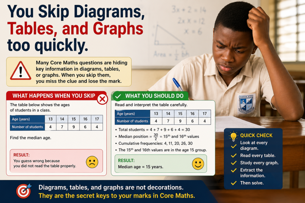 A Ghanaian SHS learner struggling with a Core Maths question after skipping the important information presented in a table, diagram, or graph.