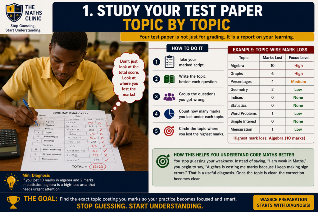 A Ghanaian SHS learner studying a Core Maths test paper topic by topic to find the exact topic costing you marks and focus WASSCE preparation on high-loss areas.