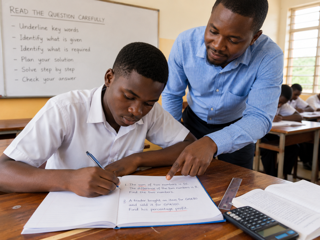 Struggling SHS maths student learning to read and translate WASSCE Core Mathematics word problems