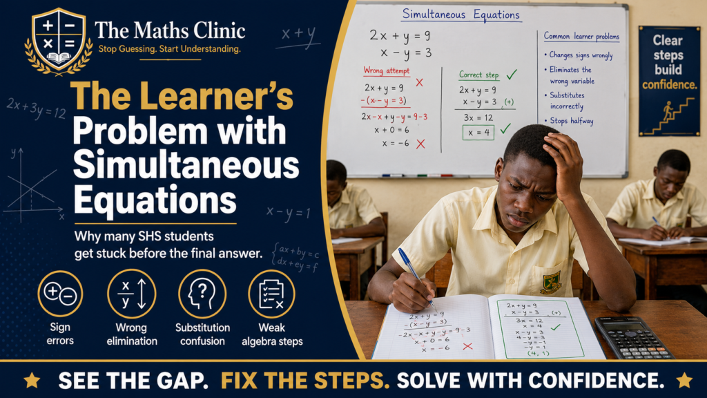 “The Learner’s Problem with Simultaneous Equations,” showing a worried Ghanaian SHS student solving simultaneous equations, with a classroom board highlighting wrong attempts, correct steps, sign errors, wrong elimination, substitution confusion, and weak algebra steps.
