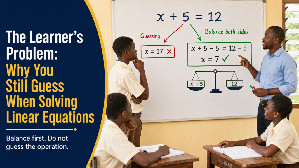 Ghanaian teacher helping an SHS learner solve linear equations without guessing by balancing both sides.