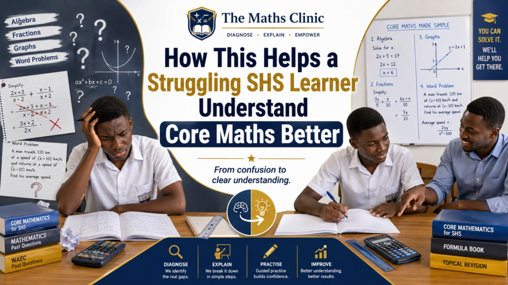 A struggling Ghanaian SHS learner moves from confusion to clear Core Maths understanding through diagnosis, simple explanation, guided practice, and teacher support.
