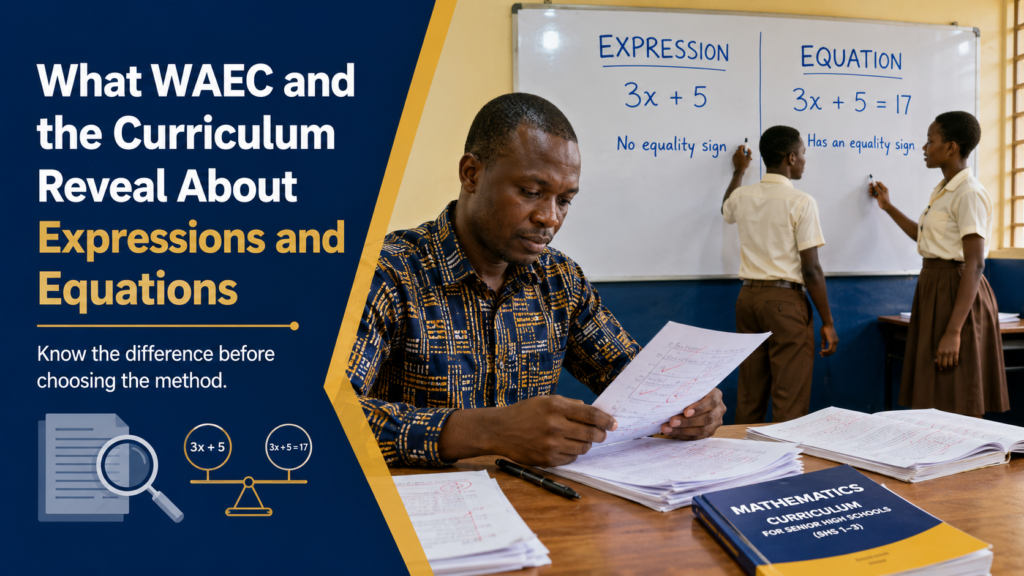 Ghanaian teacher helping SHS learners understand expressions and expansions through classroom examples and curriculum guidance.