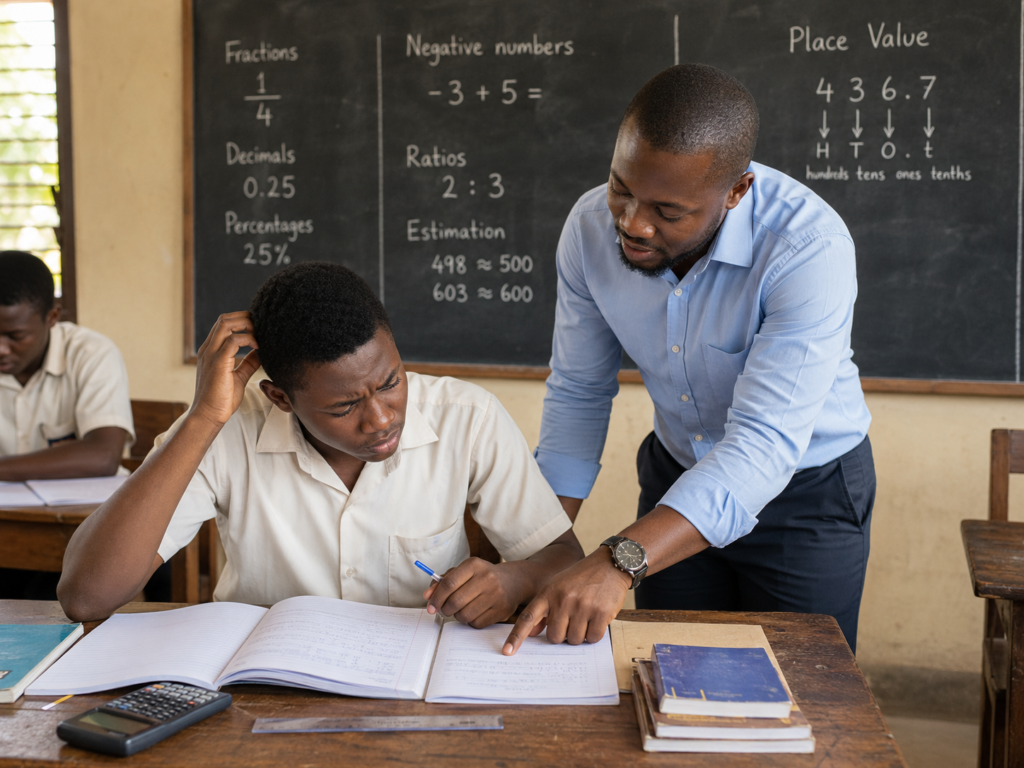 Ghanaian SHS student receiving help from a Maths teacher to fix weak number sense using fractions, decimals, percentages, negative numbers, ratios, estimation, and place value.