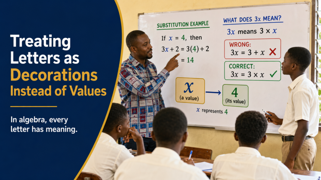 Ghanaian teacher explaining that letters in algebra represent values and must not be treated as decorations.
