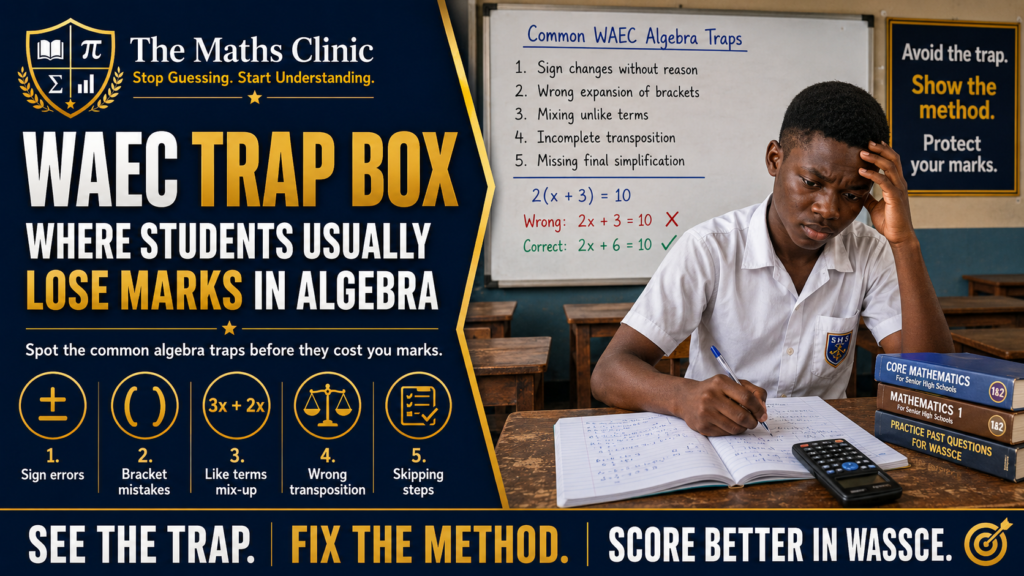 “WAEC Trap Box: Where Students Usually Lose Marks in Algebra,” showing a worried Ghanaian SHS student solving algebra in class, with a board highlighting common WAEC algebra traps such as sign errors; bracket mistakes; like terms mix-up; wrong transposition; and skipped steps.