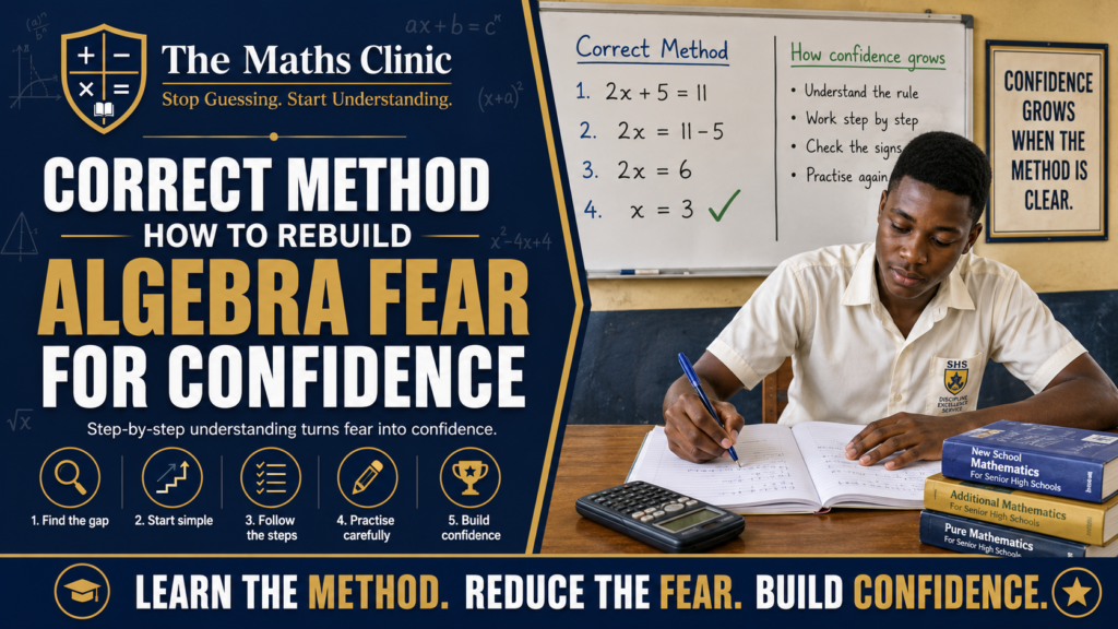 “Correct Method: How to Rebuild Algebra Fear for Confidence,” showing a Ghanaian SHS student calmly practicing algebra step by step, with a classroom board explaining the correct method, confidence-building steps, and a solved equation.