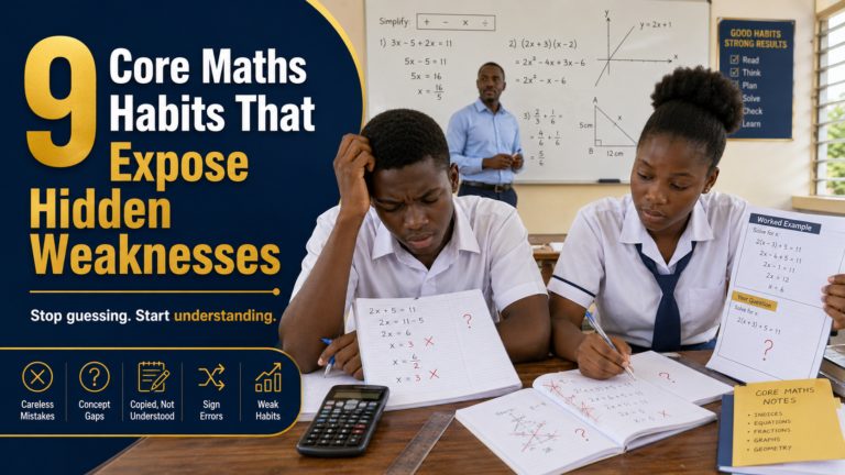 Ghanaian SHS students displaying Core Maths habits that expose hidden weaknesses while solving algebra, fractions, graphs, and geometry.