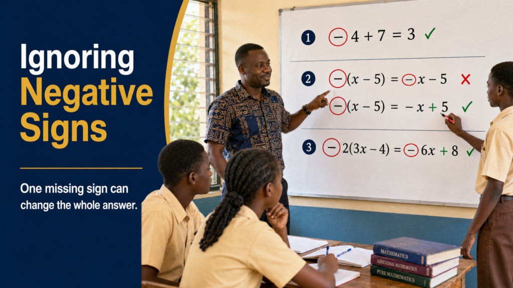 Ghanaian mathematics teacher helping SHS learners avoid algebra mistakes caused by ignoring negative signs.