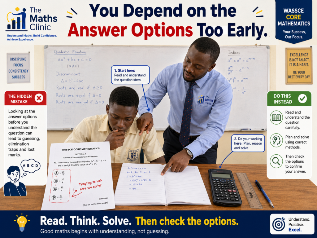 A Ghanaian SHS student guessing instead of understanding mathematics by checking answer options too early before solving a WASSCE Core Maths question.
