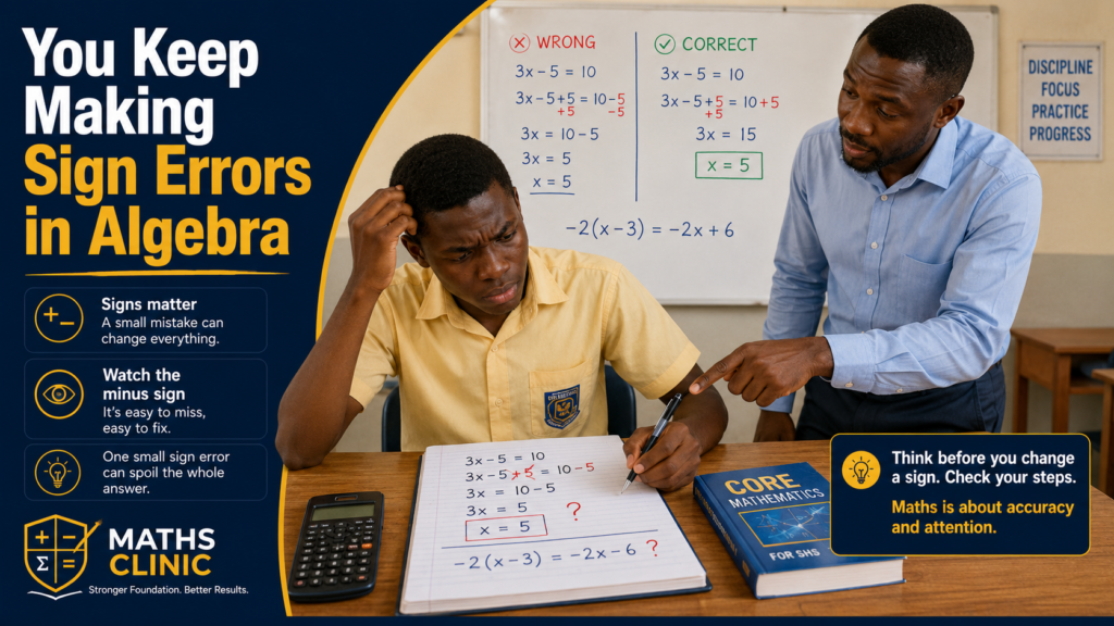 Core Maths symptoms showing a Ghanaian SHS student making sign errors in algebra while a teacher explains the correct steps on the board.