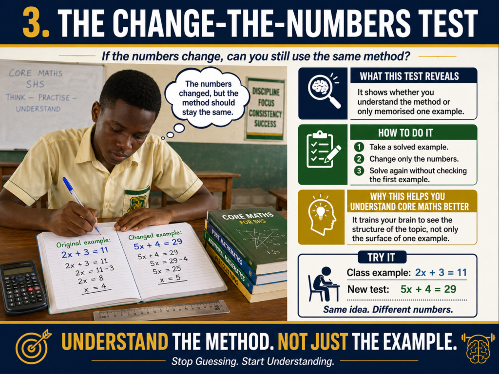 A Ghanaian SHS learner is using the change-the-numbers test to check if they truly understand a Maths topic by solving the same Core Maths method with different numbers.