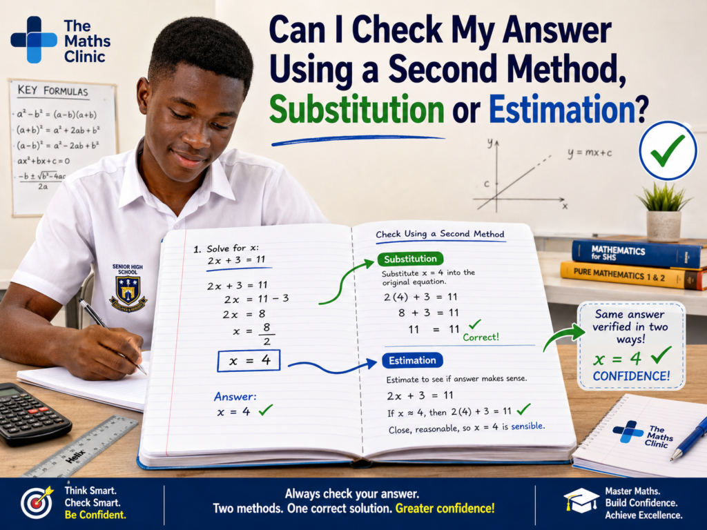 A Ghanaian SHS student checks a Core Maths answer using substitution and estimation to confirm that the solution is correct.