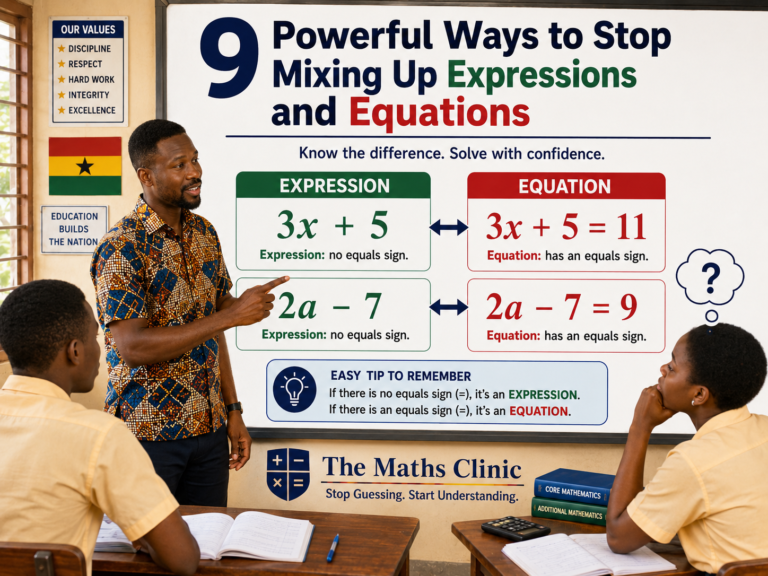 Ghanaian SHS teacher using a classroom chart to explain the difference between equations and expressions, helping students stop mixing them up in Core Maths before WASSCE.