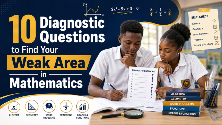 Two Ghanaian SHS students use 10 diagnostic questions to identify weak areas in Mathematics, including algebra, geometry, fractions, word problems, graphs, and functions.