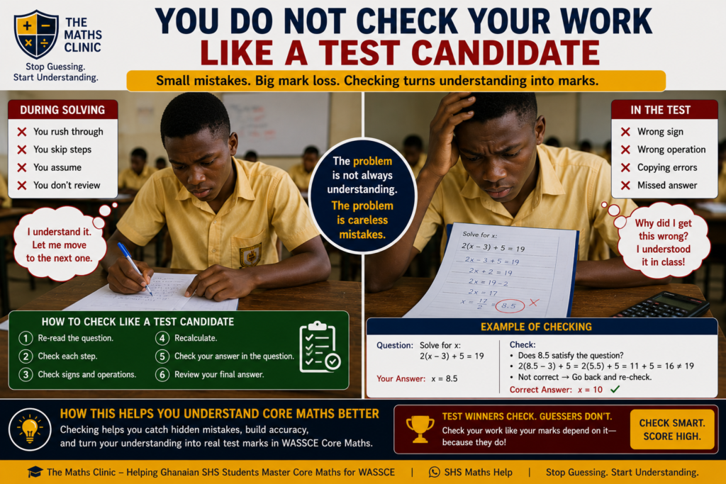 A Ghanaian SHS learner showing why students understand in class but fail tests when they do not check Core Maths work carefully like a test candidate before submitting.
