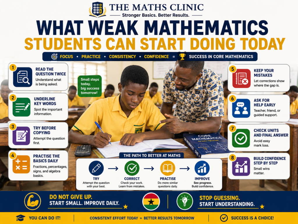 A Ghanaian SHS student learning practical steps weak mathematics students can start doing today to improve in core mathematics with confidence.