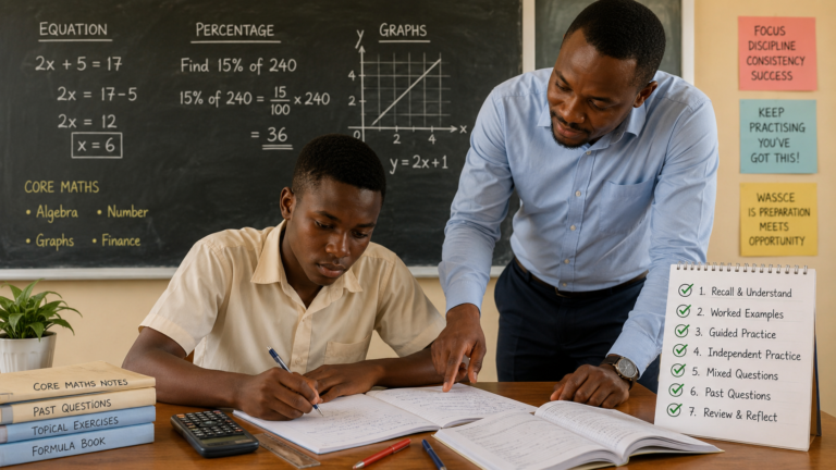Ghanaian SHS learner using 7 powerful tests to understand a Maths topic through guided practice, independent work, mixed Core Maths questions, and WASSCE preparation.