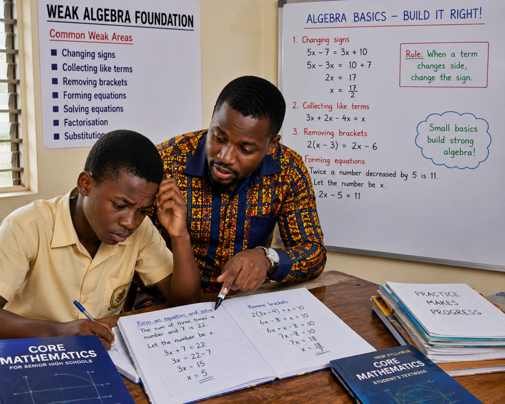 A Ghanaian SHS Maths teacher helping a student fix a weak algebra foundation by correcting signs, collecting like terms, removing brackets, forming equations, and solving Core Maths questions.