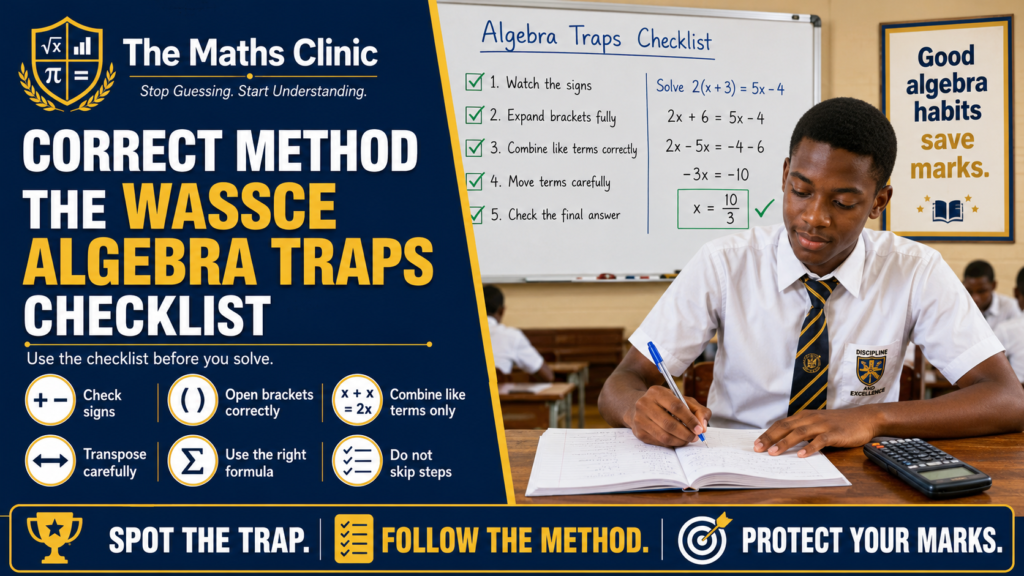 “Correct Method: The WASSCE Algebra Traps Checklist,” showing a Ghanaian SHS student writing in class, with a board displaying an algebra traps checklist, worked example, and step-by-step method for avoiding common WASSCE algebra mistakes.