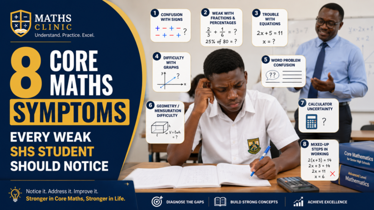 Featured image showing Core Maths symptoms with a worried Ghanaian SHS student, a supportive teacher, and eight visual signs of hidden Core Maths learning gaps.