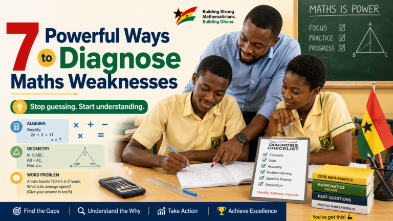 Ghanaian SHS students learning with a Maths teacher as they diagnose Maths weaknesses in algebra, geometry, word problems, and Core Maths practice before WASSCE.