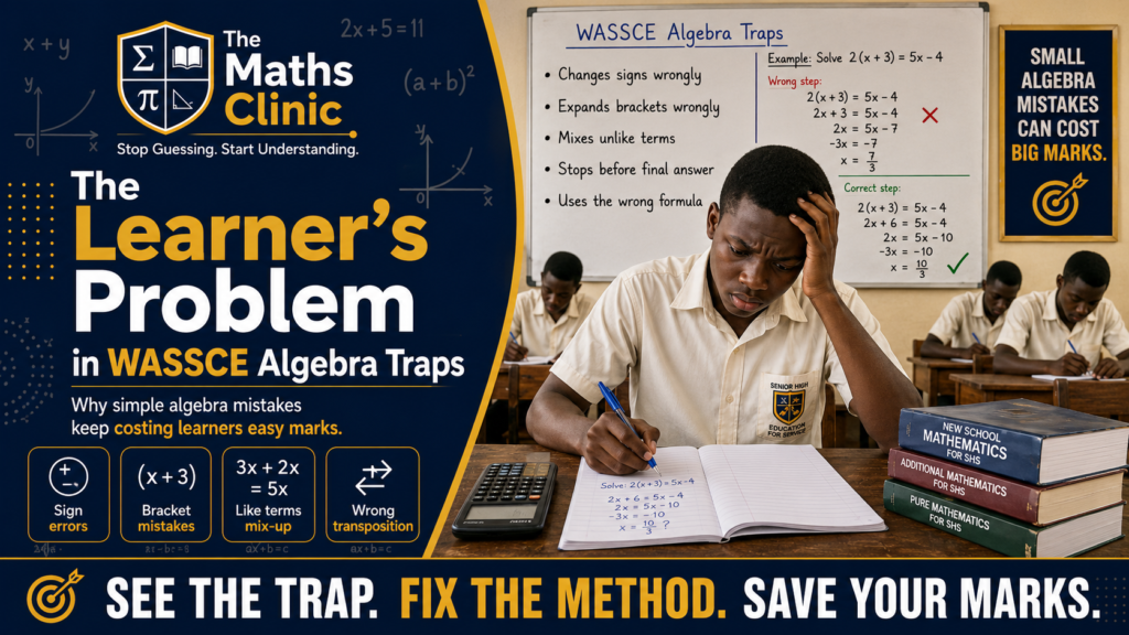 WASSCE algebra traps featured image showing a worried Ghanaian SHS student solving algebra in class, with a board highlighting common traps like sign errors, bracket mistakes, like terms mix-up, wrong transposition, and how these simple mistakes cost easy marks.