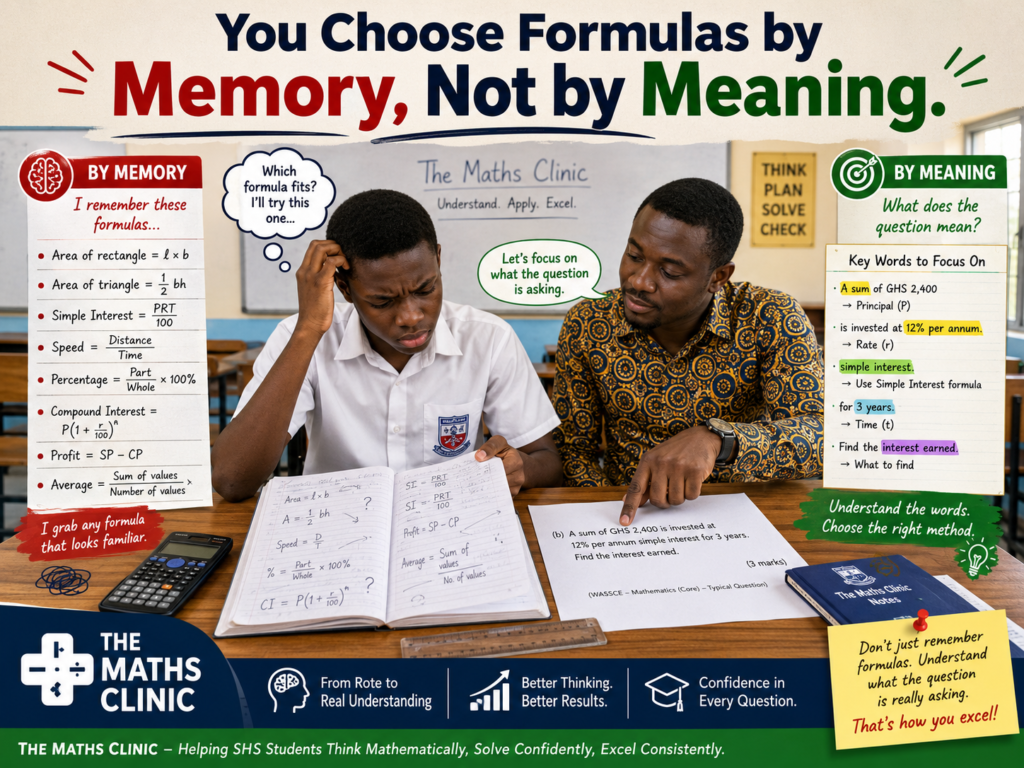 A Ghanaian SHS student is choosing formulas by memory instead of meaning while a Maths teacher helps him understand the question before solving Core Maths.