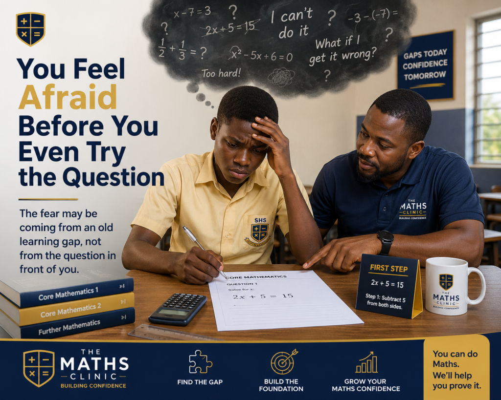 Maths confidence fear shown by a Ghanaian SHS learner feeling anxious before attempting a Core Maths question while a teacher guides the first step.