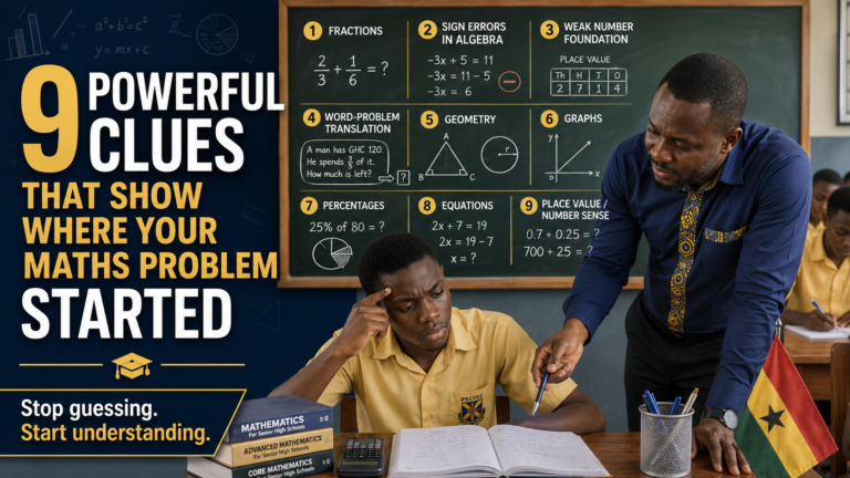 Ghanaian SHS student receiving support from a mathematics teacher as nine clues reveal where the learner’s Maths problem started.