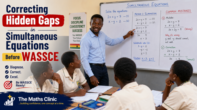 Ghanaian SHS Core Maths teacher helping students correct hidden gaps in simultaneous equation solving before WASSCE, using elimination method on the board.