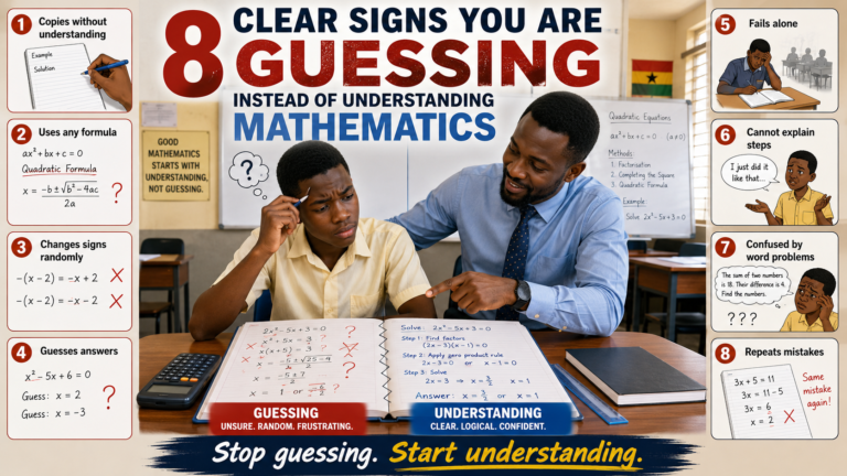 Ghanaian SHS student learning the difference between guessing instead of understanding Mathematics while a Core Maths teacher explains clear WASSCE problem-solving steps.