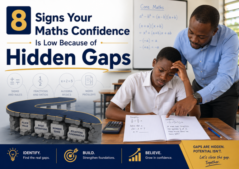 8 Signs Your Maths Confidence Is Low Because of Hidden Gaps, showing a Ghanaian SHS student receiving calm Core Maths support from a teacher.