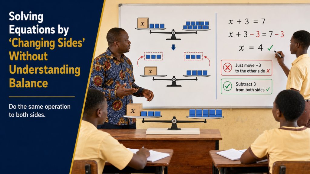 Ghanaian teacher using a balance scale to explain why the same operation must be performed on both sides of an equation.