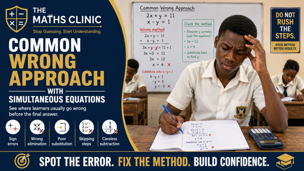 “Common Wrong Approach with Simultaneous Equations,” showing a worried Ghanaian SHS student solving simultaneous equations, with a classroom board highlighting common errors such as wrong elimination, poor substitution, skipped steps, sign mistakes, and careless subtraction.