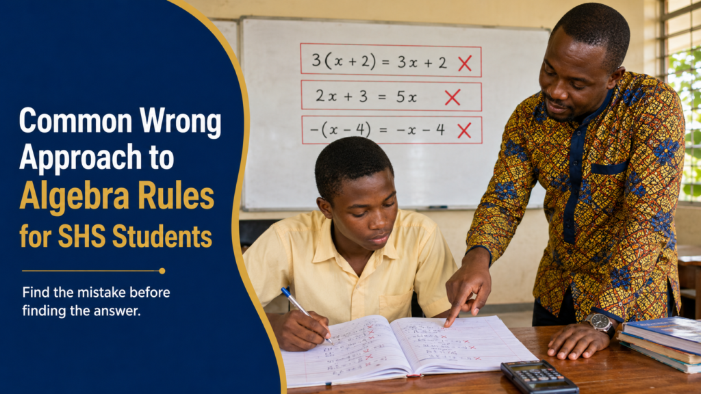 Ghanaian SHS learner receiving help to correct common mistakes in algebra rules for SHS students.