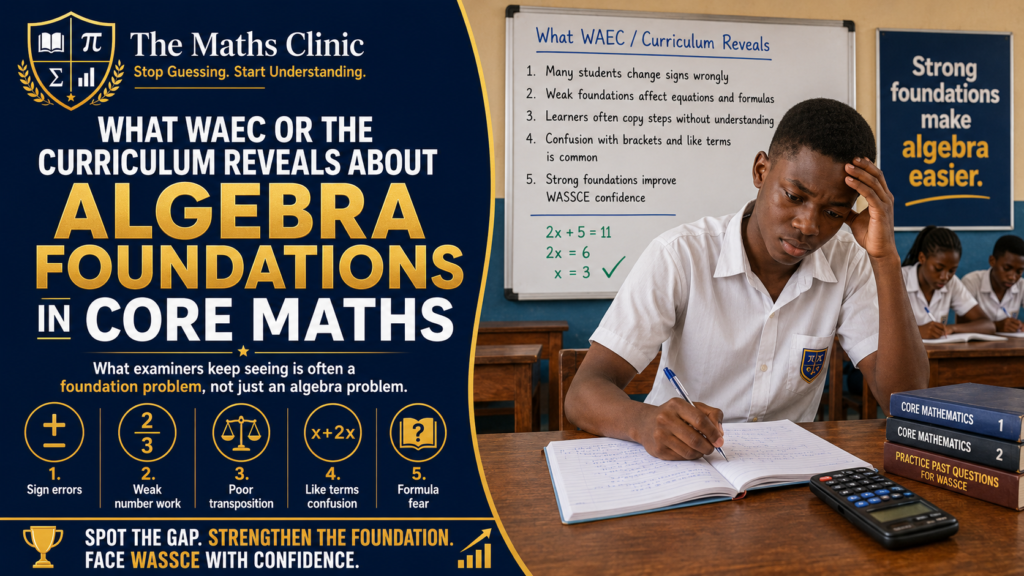 What WAEC or the Curriculum Reveals About Algebra Foundations in Core Maths,” showing a Ghanaian SHS student studying algebra in class, with a whiteboard highlighting WAEC-related weaknesses such as sign errors, weak number work, poor transposition, like terms confusion, and formula fear.