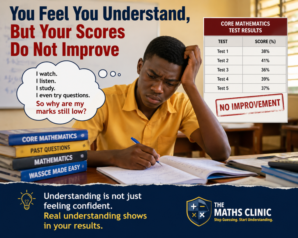 A Ghanaian SHS student looks worried while studying Core Mathematics beside test results showing consistently low scores despite regular practice, highlighting the gap between feeling confident and achieving real understanding.