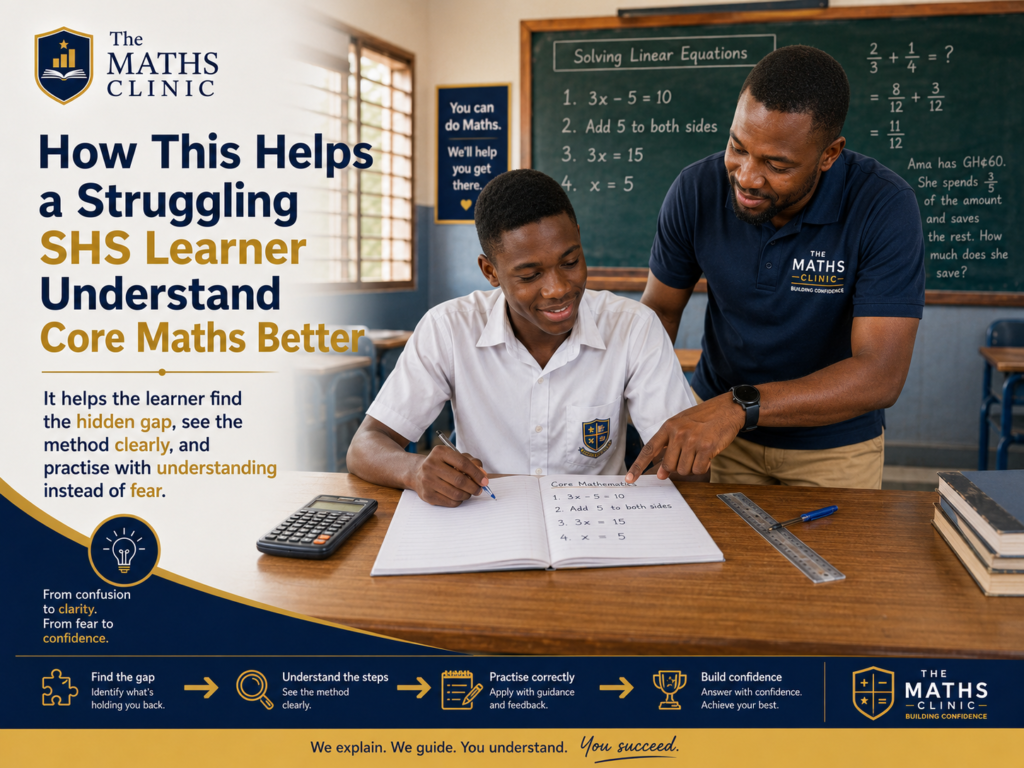 A Ghanaian SHS learner gains maths confidence as a teacher explains hidden gaps and guides Core Maths steps clearly.