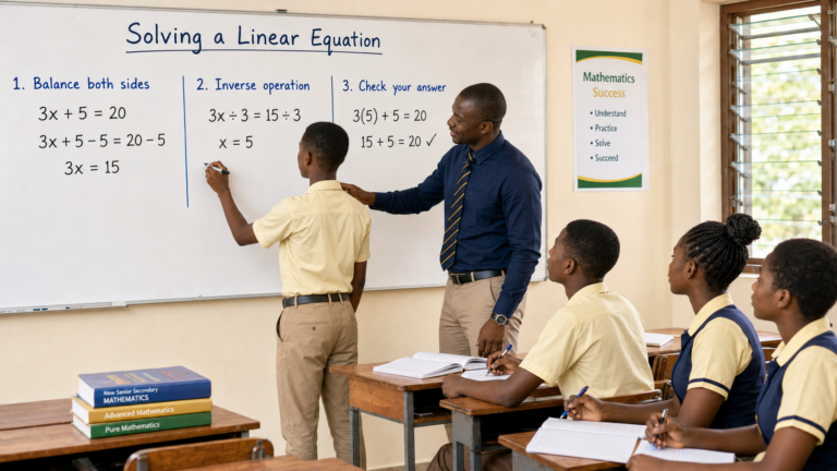 A Ghanaian SHS mathematics teacher calmly guiding students through a linear equation using balance, inverse operations, and answer checking.
