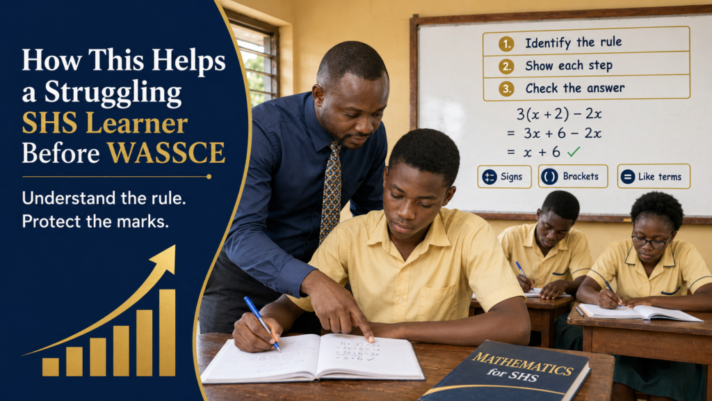 Ghanaian mathematics teacher helping a struggling SHS learner correct algebra mistakes before WASSCE.